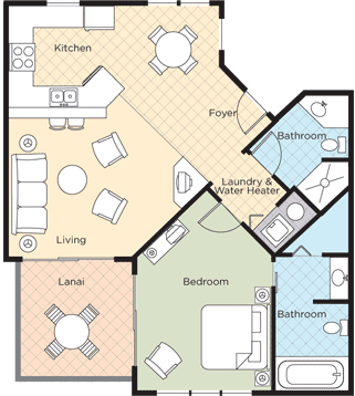 Club Wyndham Bali Hai Villas - One Bedroom, Two Bath Floor Plan